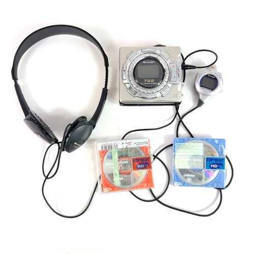 Sharp MD-MS722 Portable Minidisc Recorder with Headphones Remote Control 2 Disks