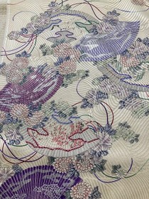 13"x66" Japanese kimono silk fabric panel / white base, folding fan C62