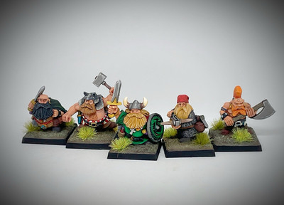 5 VITRINEN BEMALT 28mm NORSE DWARF WARRIORS, FOUNDRY, OLD WORLD WARHAMMER.