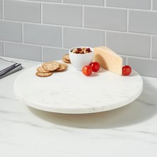 14" White Marble and Wood Lazy Susan Turntable