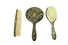 Set of Silverplate Vanity Brush Plastic Comb Mirror Vintage Used Old