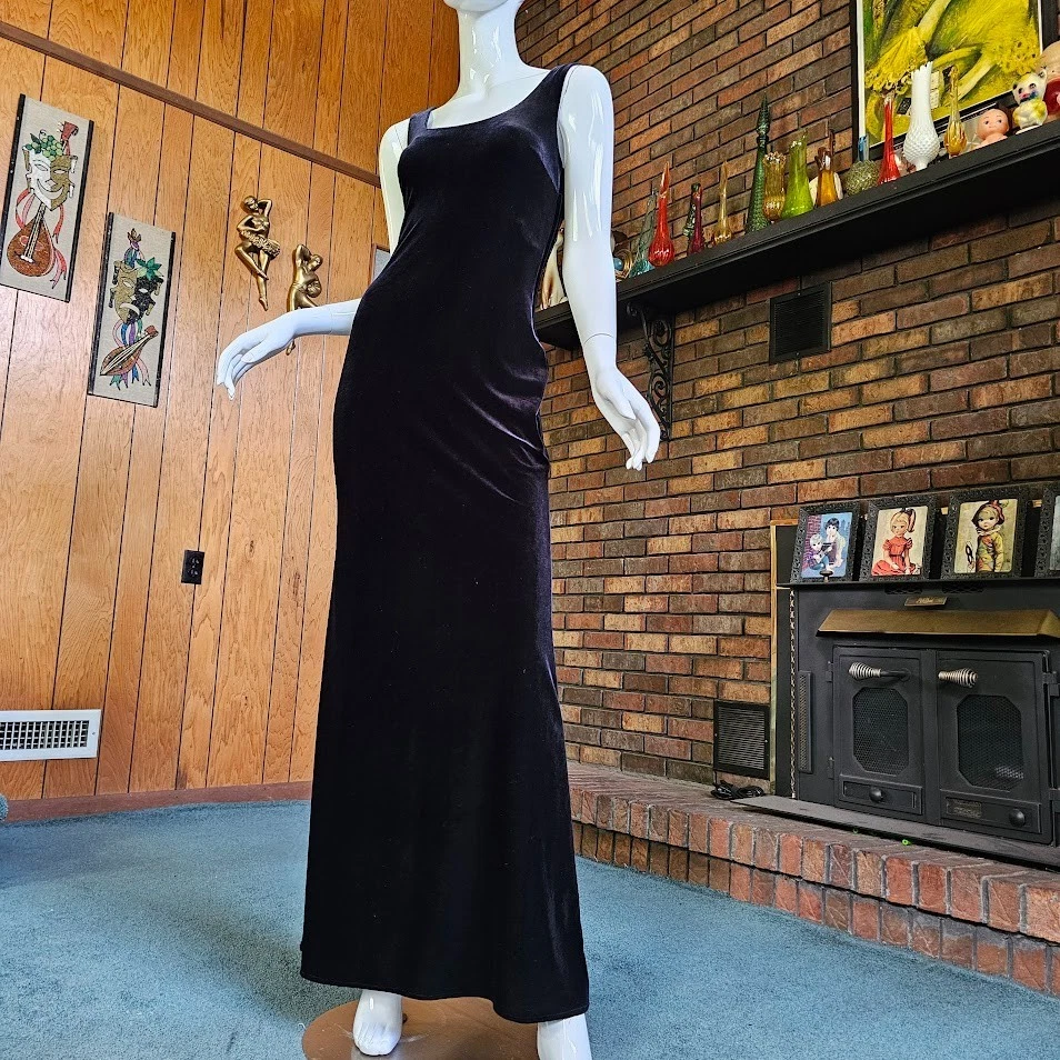 Vestido de Noche Formal Sirena Gótico Terciopelo Negro Niki Años 90 De Colección XS/S Foto 4 de 4