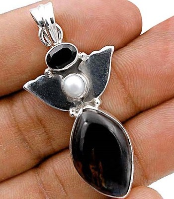 Natürlicher schwarzer Onyx & Perle 925 massiv Sterlingsilber Anhänger Schmuck @B11-5