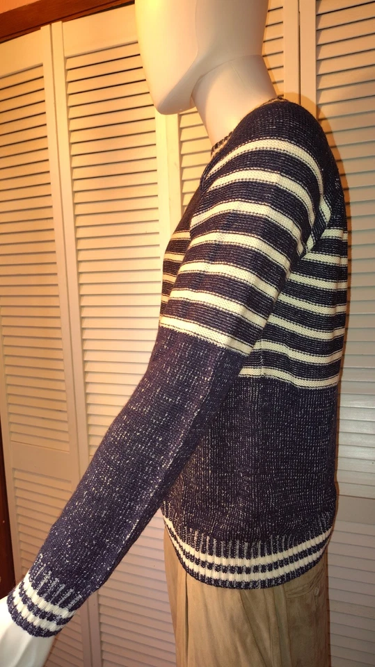 Pd & C 男式柔软蓝色白色条纹 100% 丙烯酸圆领毛衣 L — 第 3/4 张图片