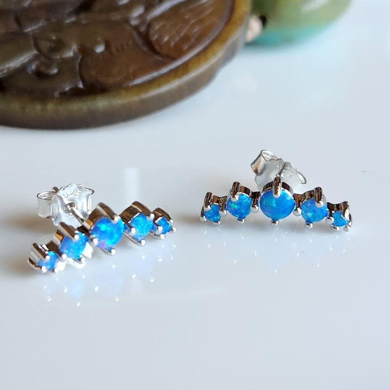 925 Sterling Silver Natural Blue 2mm-4.2mm Small Opal  5/8'' Earrings Gemstone