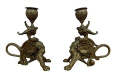 Antique Brass Winged Dragon Griffin Cherub Mythical Goth Candle Holders 6” Tall