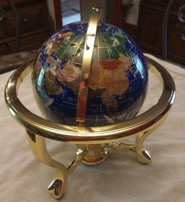 14'' Blue Ocean Gemstone World Globe Metal Stand & Compass 14 Inch Excellent Cond