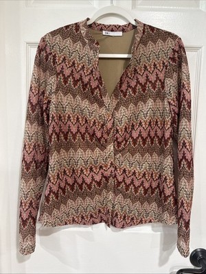 DR2 Women's S/M Long Sleeve Boho Blouse  Ruched Lined Brown Multi Metallic