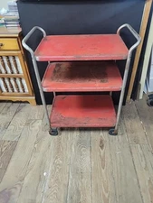 Vintage 3- Tier Metal Red & Chrome Kitchen Garage Rolling Cart Mid Century Cosco
