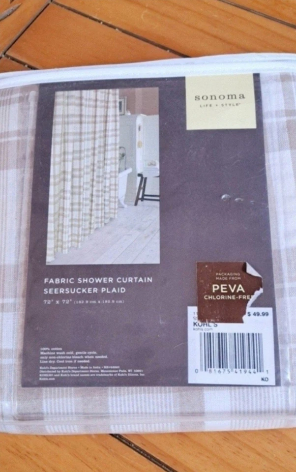 Cortina de ducha Sonoma Life + Style 72" X 72" Seersucker a cuadros topo y crema nueva en paquete Foto 3 de 4