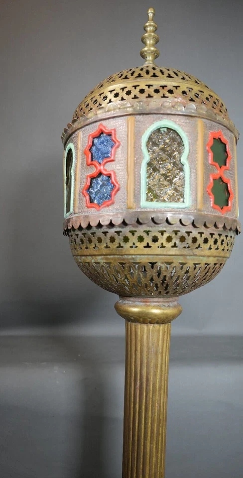 Antique Islamic Filigree Brass Floor Lamp Ornate Pierced Dome 62" Tall 1930s - Image 4 of 4
