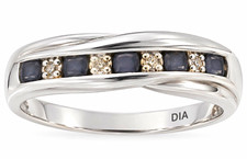 9ct White Gold Blue Sapphire & Diamond Channel-Set Stackable Band Ring Sz 8 H