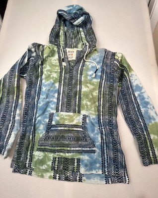 Beach by Exist Size M Pullover  Hoodie 100% Cotton Blue Tye- Dye Embroidery BOHO