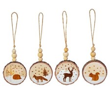Image of Sass & Belle WOODLAND ANIMALS LOG SLICE DECORATIONS Set Of 4 Christmas Xmas Tree