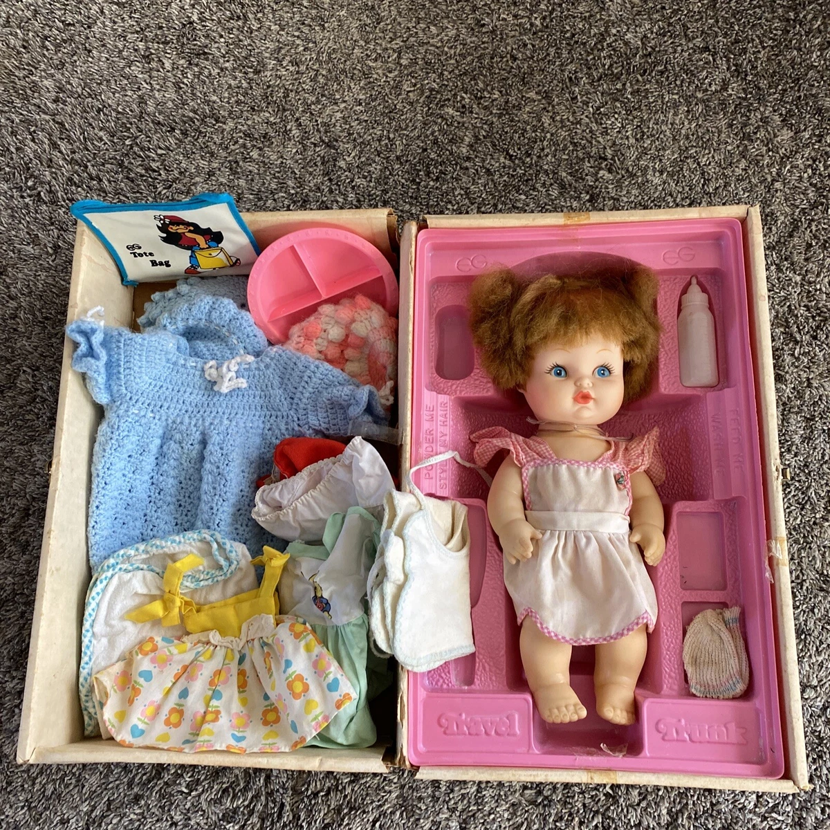 Vintage EG Eegee Goldberger LAYETTE BABY DOLL Travel Trunk tote bag bottle etc