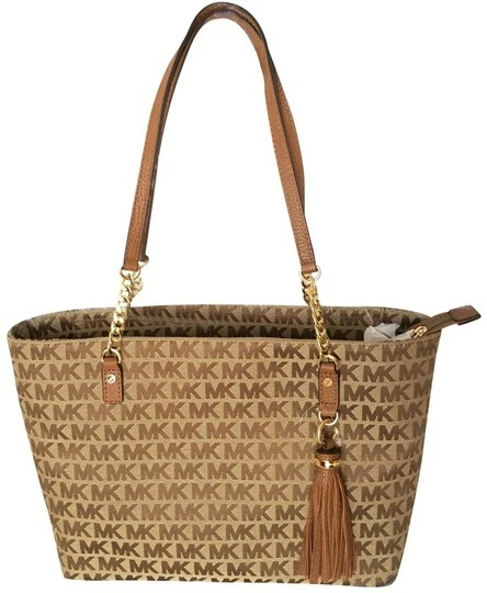 MICHAEL KORS NWT Jet Set EW Chain Tote MK Logo Jacquard Bge Ebny Lug MSRP 248