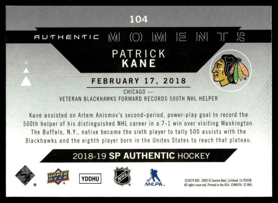 2018-19 SP Authentic AUTHENTIC MOMENTS Patrick Kane Chicago Blackhawks #104 . - Image 2 of 2