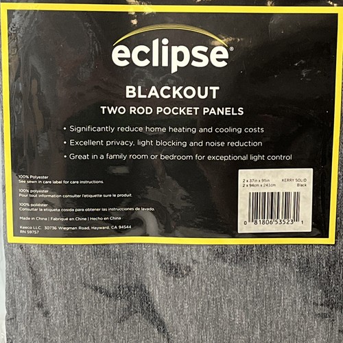 Eclipse Blackout Curtain Black Two Rod Pocket 2 Panels Kerry Solid 37"x95" - Picture 3 of 10
