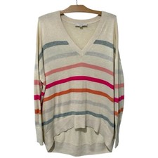 Ann Taylor LOFT  Sweater Pullover V Neck Striped Long Sleeve Pink- Size Large