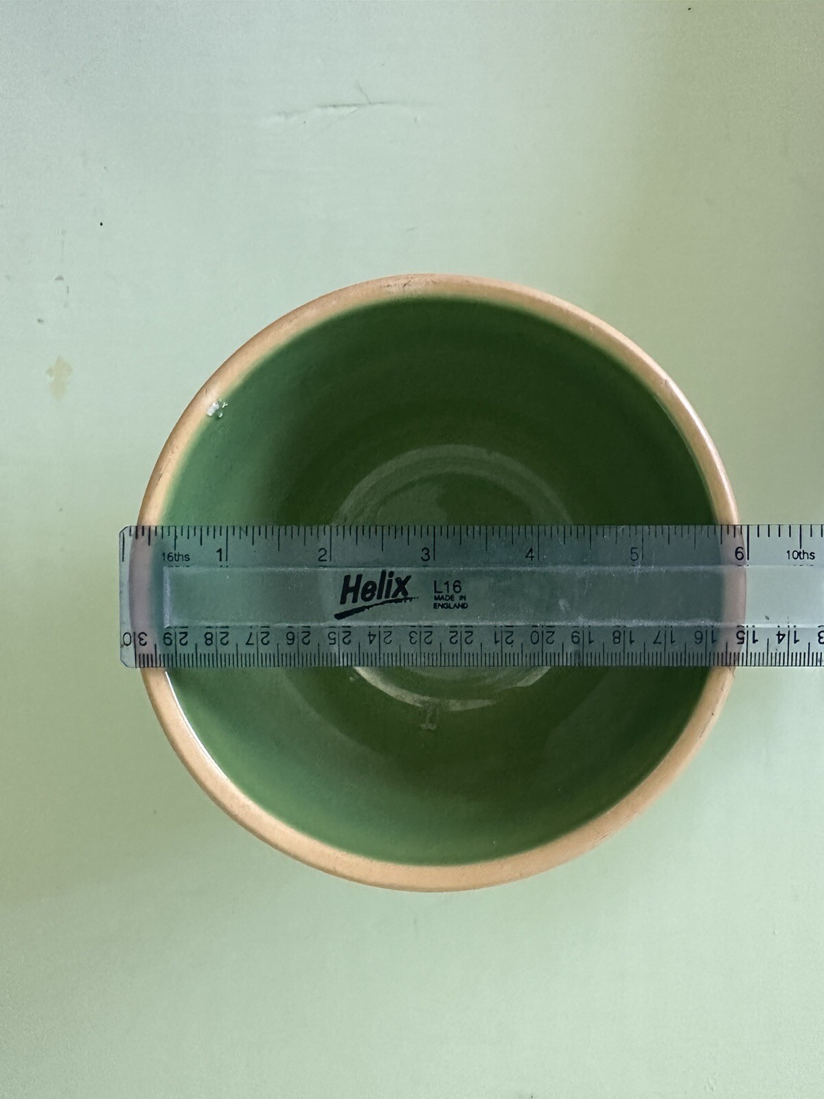 Vintage Over and Back Yellow Ware 6" Stackable Bowl Embossed Green