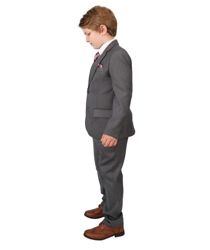 Boys Tailored Fit Wedding Suit 6 Piece Page Boy Prom Charcoal Grey Navy Blue Set - Picture 10 of 19