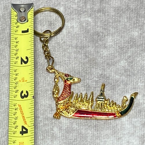 Golden Dragon Boat Keychain With Intricate Temple Design & Red/Green Details - Picture 8 of 9
