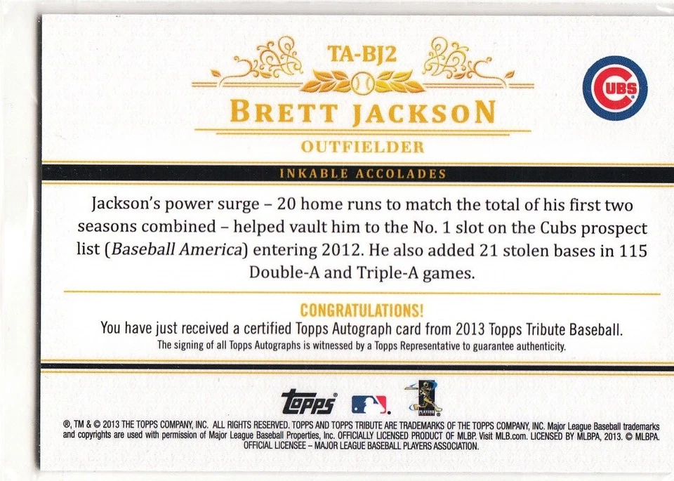 2013 Topps Tribute Autograph BRETT JACKSON Auto #BJ2 Cubs /99 - Image 2 of 2