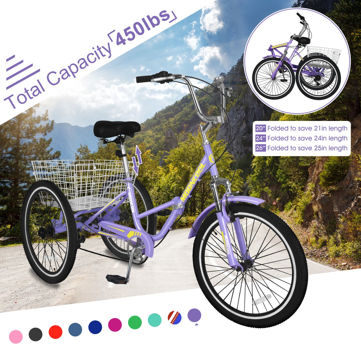 24 Inch 7-Speed Folding Adult Tricycle | Carbon Steel Frame 3-Wheel Trike In Blue For Unisex Adults