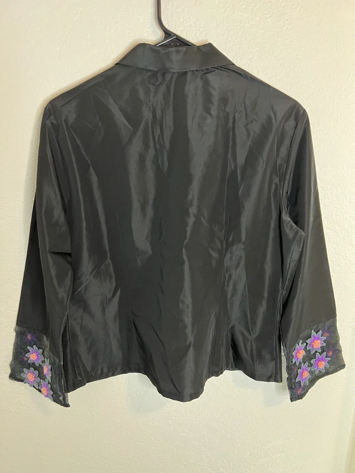 Blusa Walter Voulaz Italia Negra Seda Floral Bordada Talla 48 Foto 2 de 4
