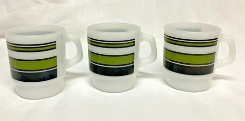 3 Vtg Fire King Coffee Mugs Cups Green Black Striped MCM Anchor Hocking Stacking