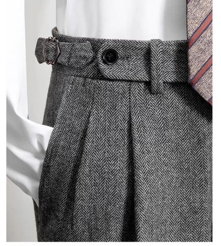 Herringbone Men's Tweed Dress Pants Woolen Straight Retro Long Trousers Casual - Picture 3 of 13