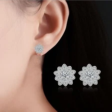 Silver Crystal Cluster Flower Silver Plated .75" Stud Earrings Bridal Prom S6