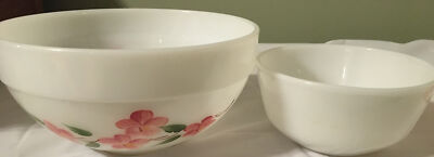 VINTAGE Fire King Oven Ware Peach Blossom Flowers and Plain Bowls Lot of Two (2)
