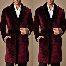 Burgundy Velvet Men Smoking Jacket with Belt Shawl Lapel Evening Party Robe