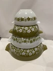Pyrex Crazy Daisy Spring Blossom Cinderella 4 Nesting Bowls Tabs Avacado Green
