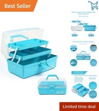 12in Plastic Craft Organizer Storage Box 3-Layers Adjustable Compartments Blue