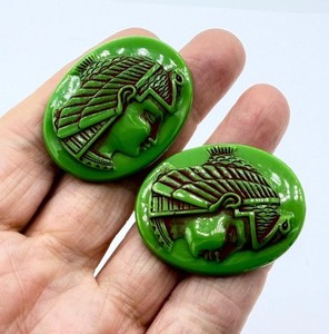 1 pr Large Green Czech glass cabochon Egyptian Revival Pharaoh Heads Old Stock
