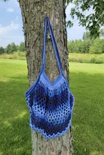 Large Blue Cotton Crocheted Market Bag Handmade