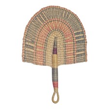 Vintage African Hand Woven Straw Fan Multicolor Striped Handle Wall Decor 14in