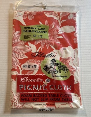 Vintage Carnation Plastic Tablecloth Floral Foam Backed BBQ 52x70 Rectangle- New