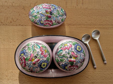 Vintage koreanisches Cloisonne  Zucker-/Pillenset, Silber/Emaille, 6teilig