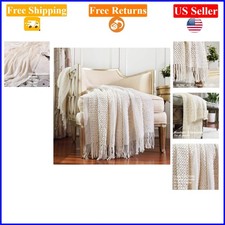 Farmhouse Knit Throw Blanket 50x60in Cream/White, Soft Cozy Acrylic