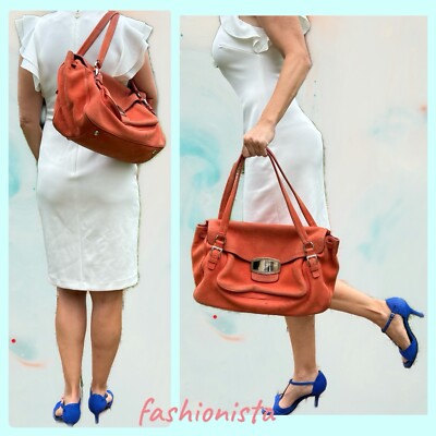 Prada Womens Double Handle Grain Suede Leather Flap Shoulder Handbag Orange
