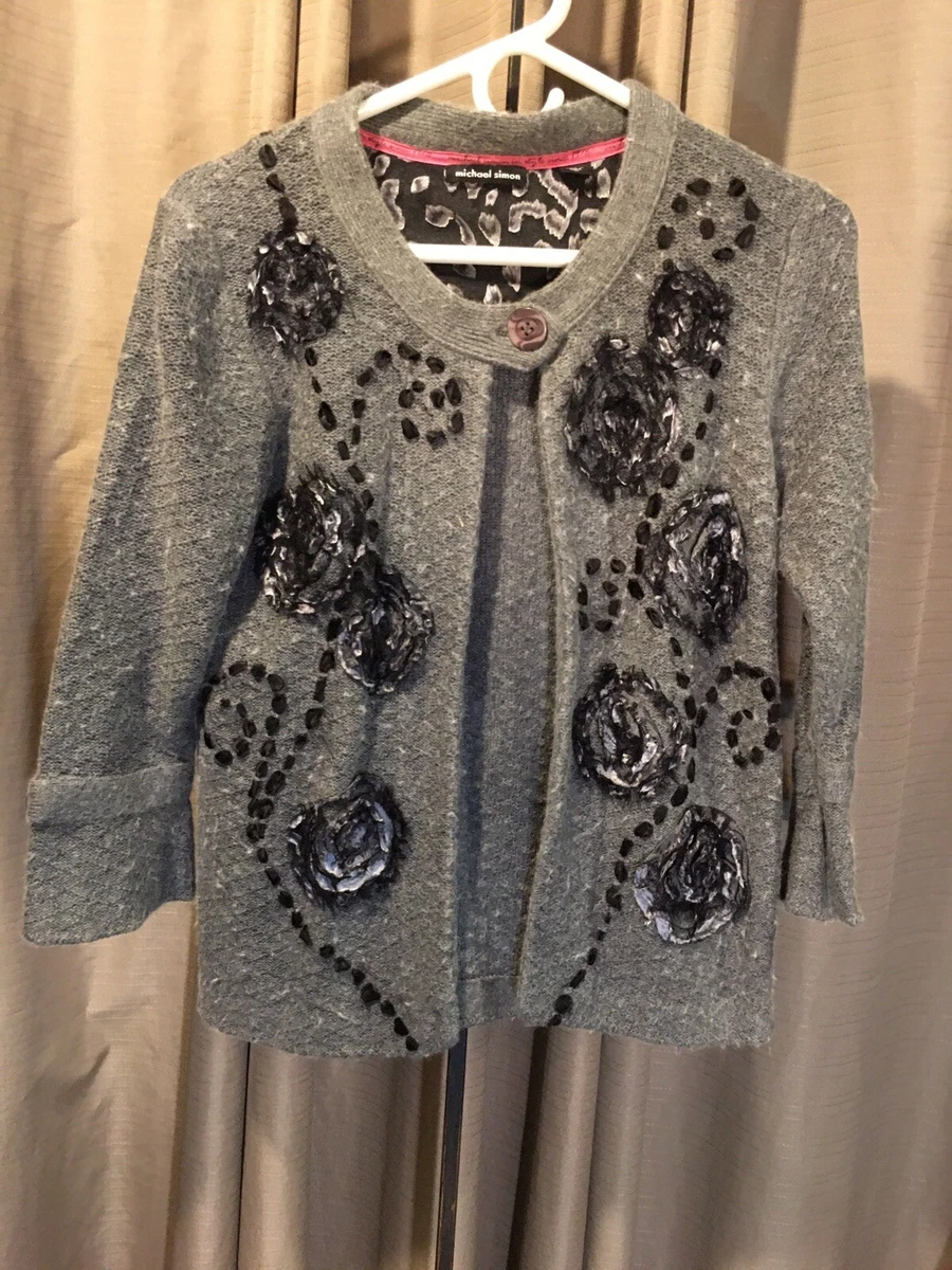 Sz M Michael Simon Gray Cardigan Open Front Speckled Sweater