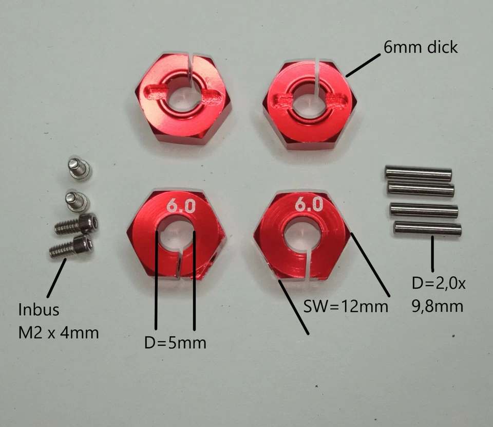 4x Radmitnehmer 12mm Radnabe Sechskant 1/10 RC 6mm blau rot schwarz silber titan - Bild 3 von 4