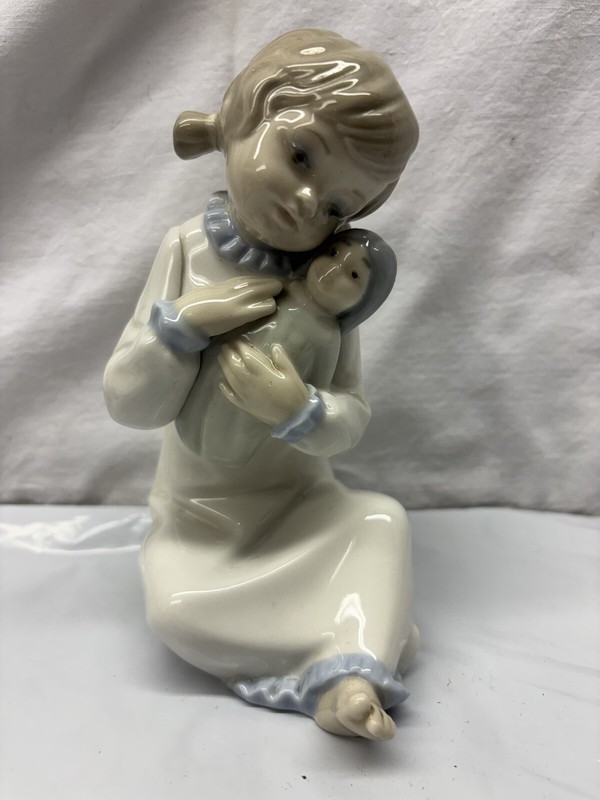 Porcelian Zaphin Figurine Girl Holding Baby Doll Spain