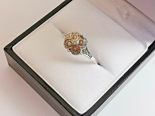 9ct 375 WHITE GOLD CITRINE & DIAMOND CLUSTER RING 7 gemstone zesty orange - Picture 4 of 12