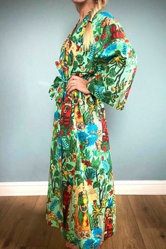 Cotton Long Robe Green Frida Kahlo Kimono Sleepwear Indian Night Suit Kimonos