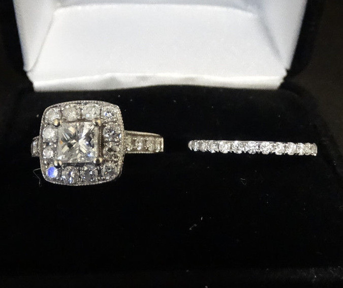 14k White Gold Kay Jewelers Princess Cut Engagement Ring and Band