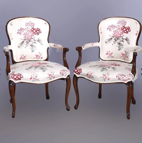 PAIR OF ANTIQUE FRENCH STYLE FLORAL UPHOLSTERED ARMCHAIRS